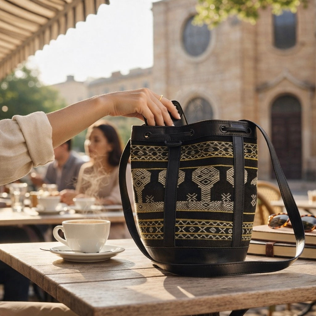 Indonesian Tenun Leather Bucket Bag