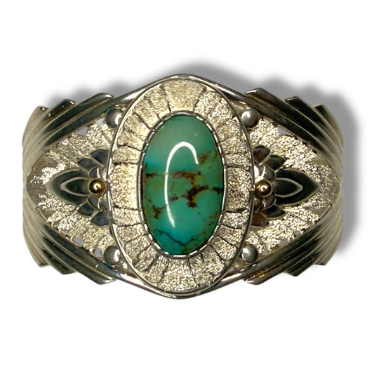 Vintage Ray Winner Sterling and 14K Gold Cuff with Kingman Turquoise