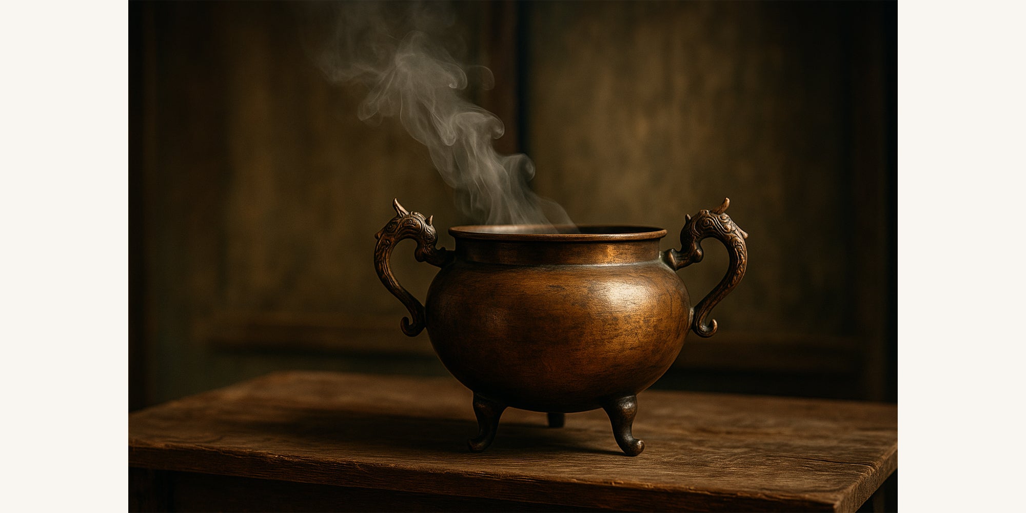 Antique bronze incense burner with dragon handles releasing gentle smoke, displayed on a rustic wooden table against a dark background