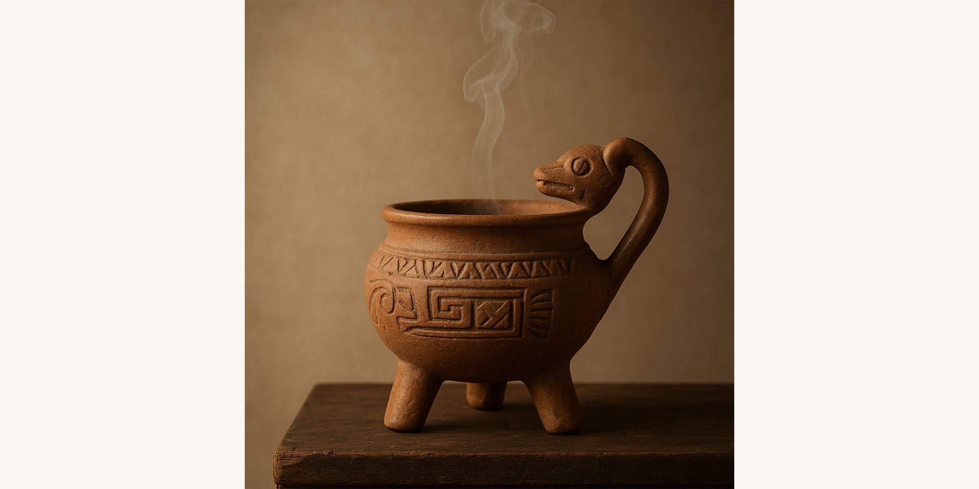 Terracotta pot with decorative patterns and a handle, emitting smoke on a dark background