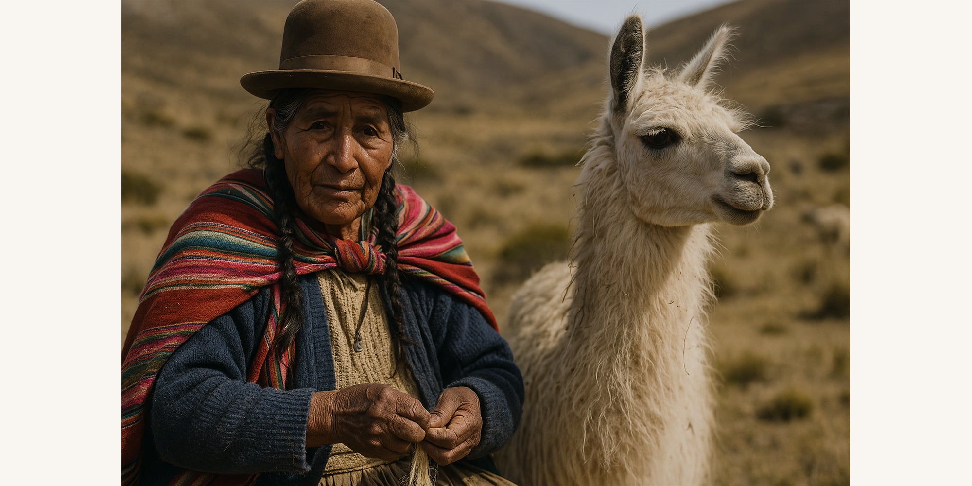 Woman in traditional clothing with a llama in a desert landscape