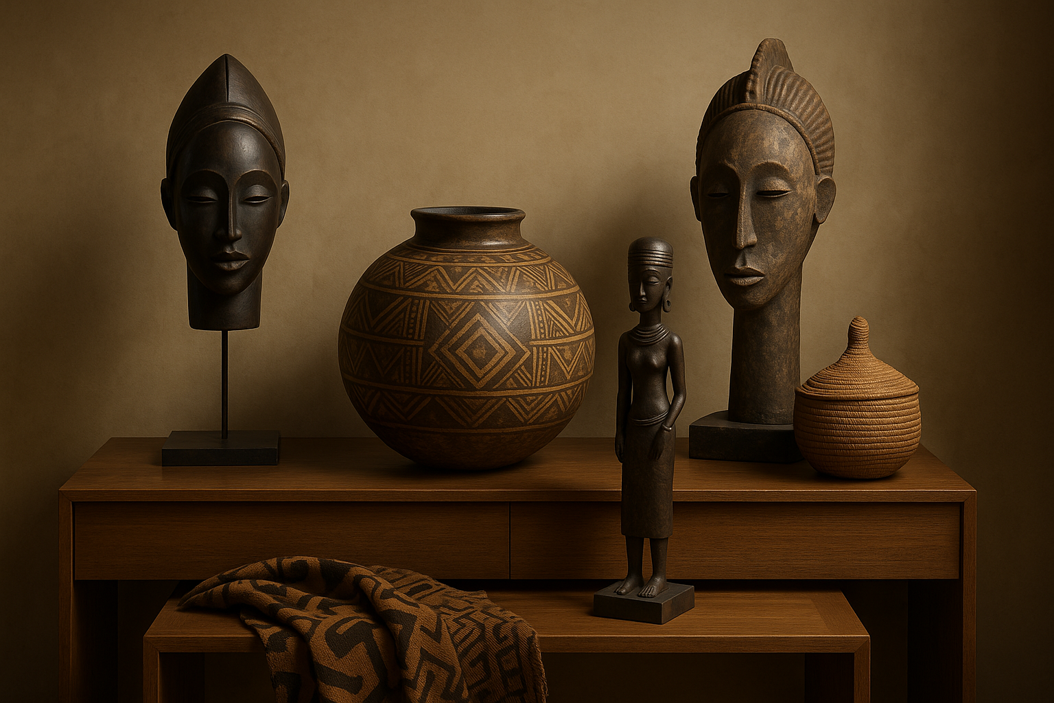 Decorative display of African art pieces including masks, a vase, and statues on a wooden shelf.
