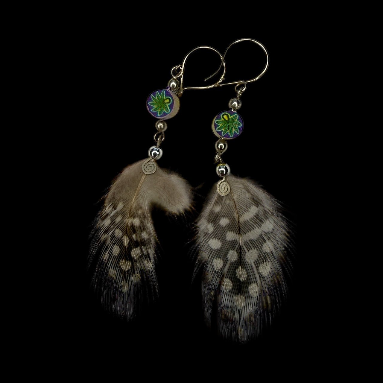 Handcrafted Lima Feather Earrings – Guinea Fowl + Floral Accents - From The Andes