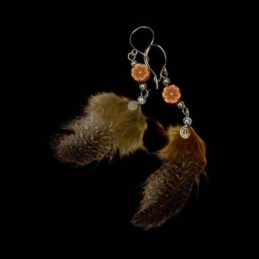Handcrafted Lima Feather Earrings – Guinea Fowl + Floral Accents - From The Andes