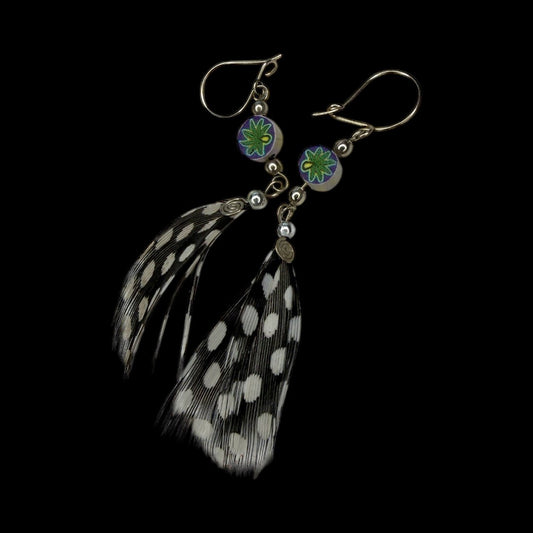 Handcrafted Lima Feather Earrings – Guinea Fowl + Floral Accents - From The Andes