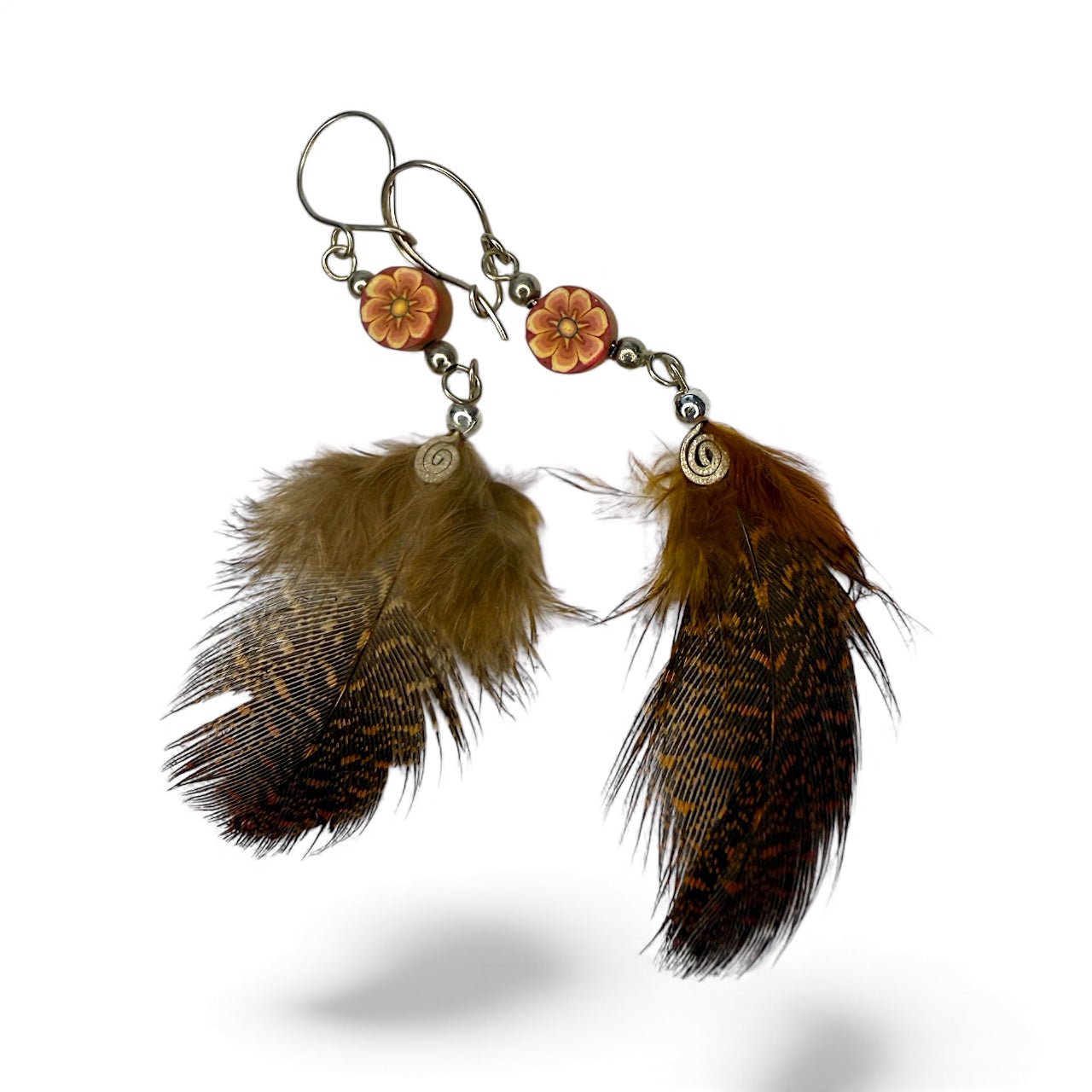 Handcrafted Lima Feather Earrings – Guinea Fowl + Floral Accents - From The Andes