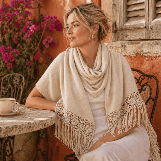 Ivory Alpaca Shawl with Hand - Crocheted Floral Fringe - From The Andes