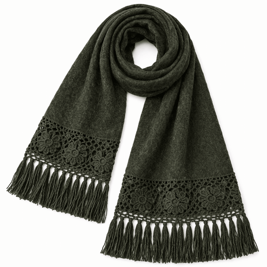 Olive Green Peruvian Alpaca Shawl with Crochet Lace Fringe - From The Andes