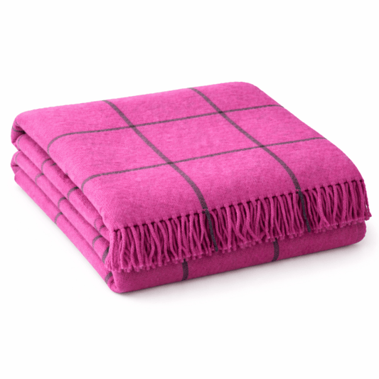 Peruvian Alpaca Throw Blanket – Fuchsia Windowpane Plaid, 60 x 70 in with 4” Tassels - From The Andes