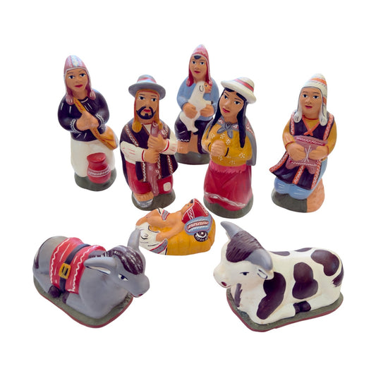 Peruvian Ceramic Nativity Set, Hand Painted 8 Piece Christmas Creche - From The Andes