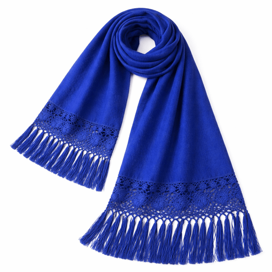 Royal Blue Peruvian Alpaca Shawl with Crochet Lace Fringe - From The Andes