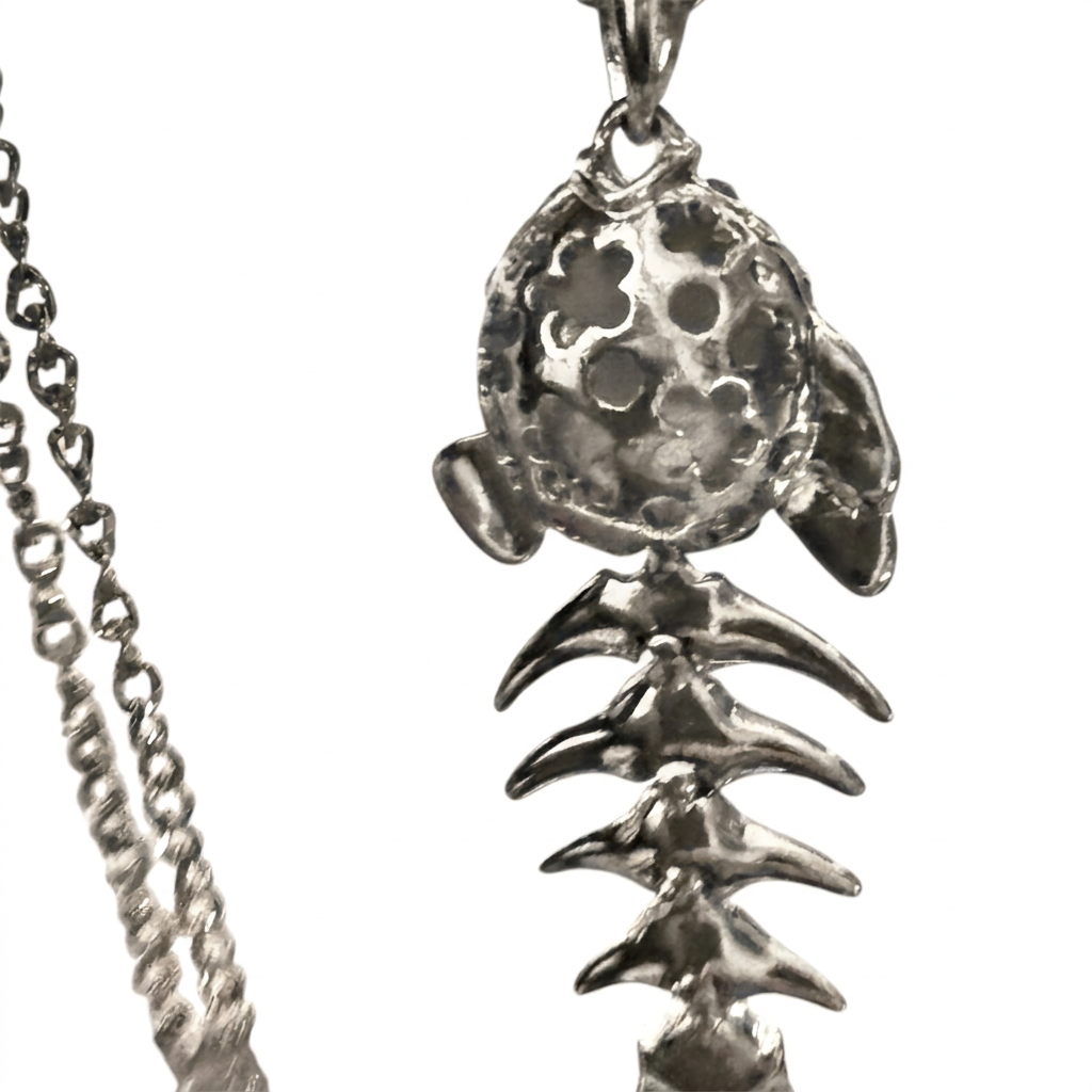 Silver-Tone Fishbone Pendant Necklace with Crystal Accents