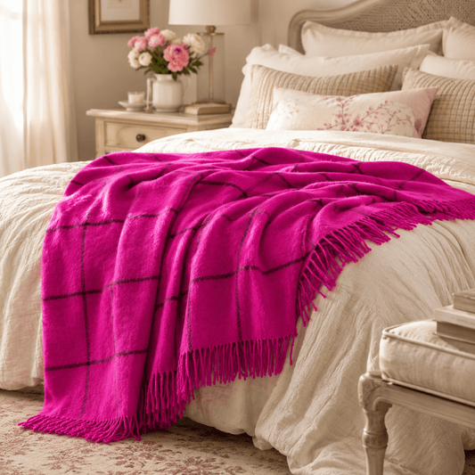 The Petal Alpaca Throw Blanket in Fuchsia Windowpane - From The Andes