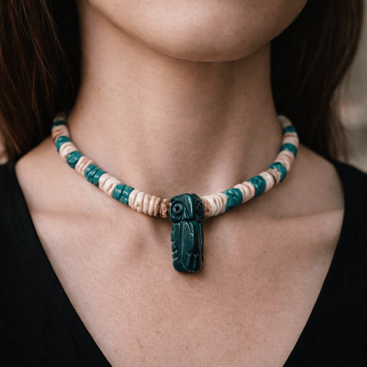 Vintage Andean Chaquira Necklace | Carved Stone Owl (c. 1990s) - From The Andes