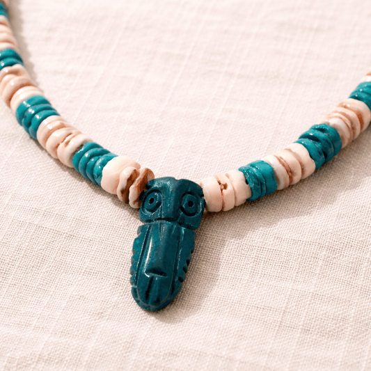 Vintage Andean Chaquira Necklace | Carved Stone Owl (c. 1990s) - From The Andes