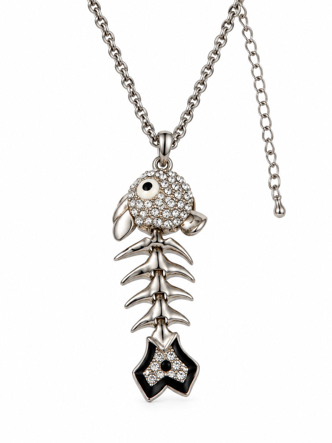 Silver-tone fishbone pendant necklace with a rhinestone-covered head, articulated skeleton and black-accented tail on a white background.