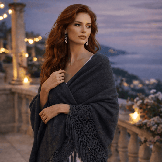 Graphite Peruvian Alpaca Shawl with Crochet Lace Fringe - From The Andes