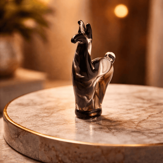 Hand - Blown Peruvian Glass Llama Figurine — Black Swirl (2”) - From The Andes