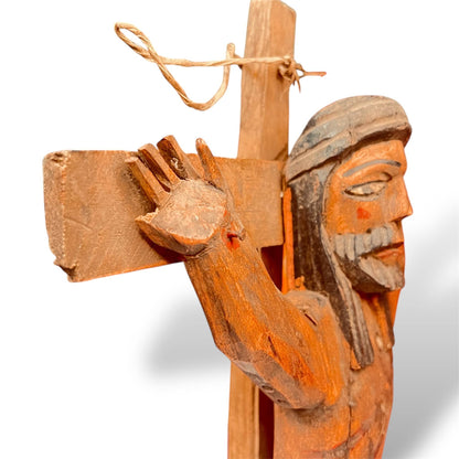 Hand - Carved Cedar wooden cross – 20” Guatemalan Folk Art Sculpture - From The Andes