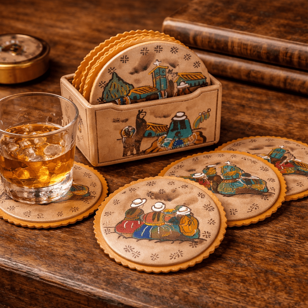 Hand - Painted Peruvian Leather Coaster Set with Holder | Cusco Andean Folk Art - From The Andes