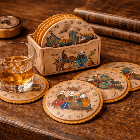 Hand - Painted Peruvian Leather Coaster Set with Holder | Cusco Andean Folk Art - From The Andes