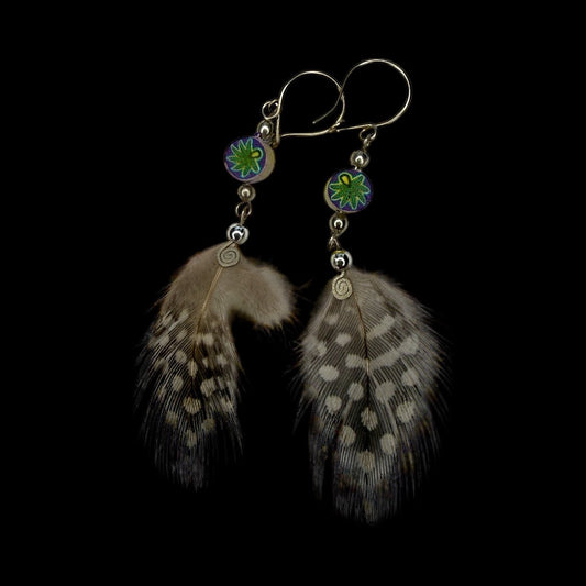 Handcrafted Lima Feather Earrings – Guinea Fowl + Floral Accents - From The Andes