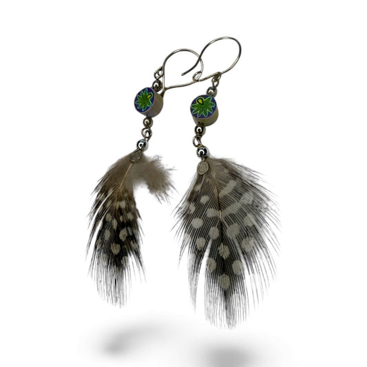 Handcrafted Lima Feather Earrings – Guinea Fowl + Floral Accents - From The Andes