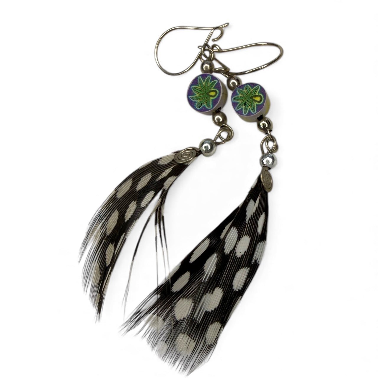Handcrafted Lima Feather Earrings – Guinea Fowl + Floral Accents - From The Andes