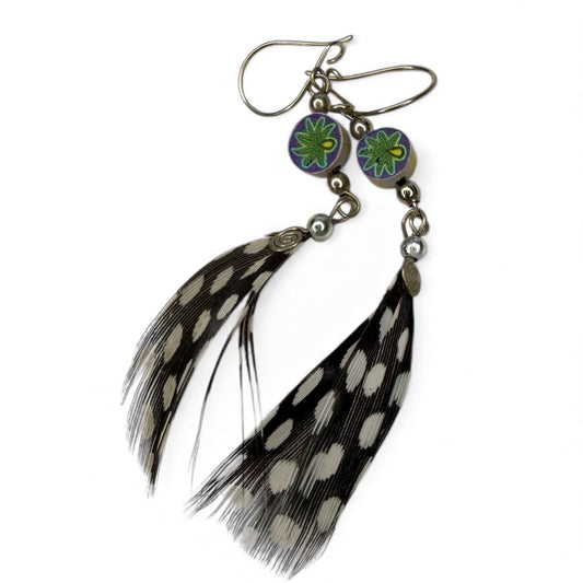 Handcrafted Lima Feather Earrings – Guinea Fowl + Floral Accents - From The Andes