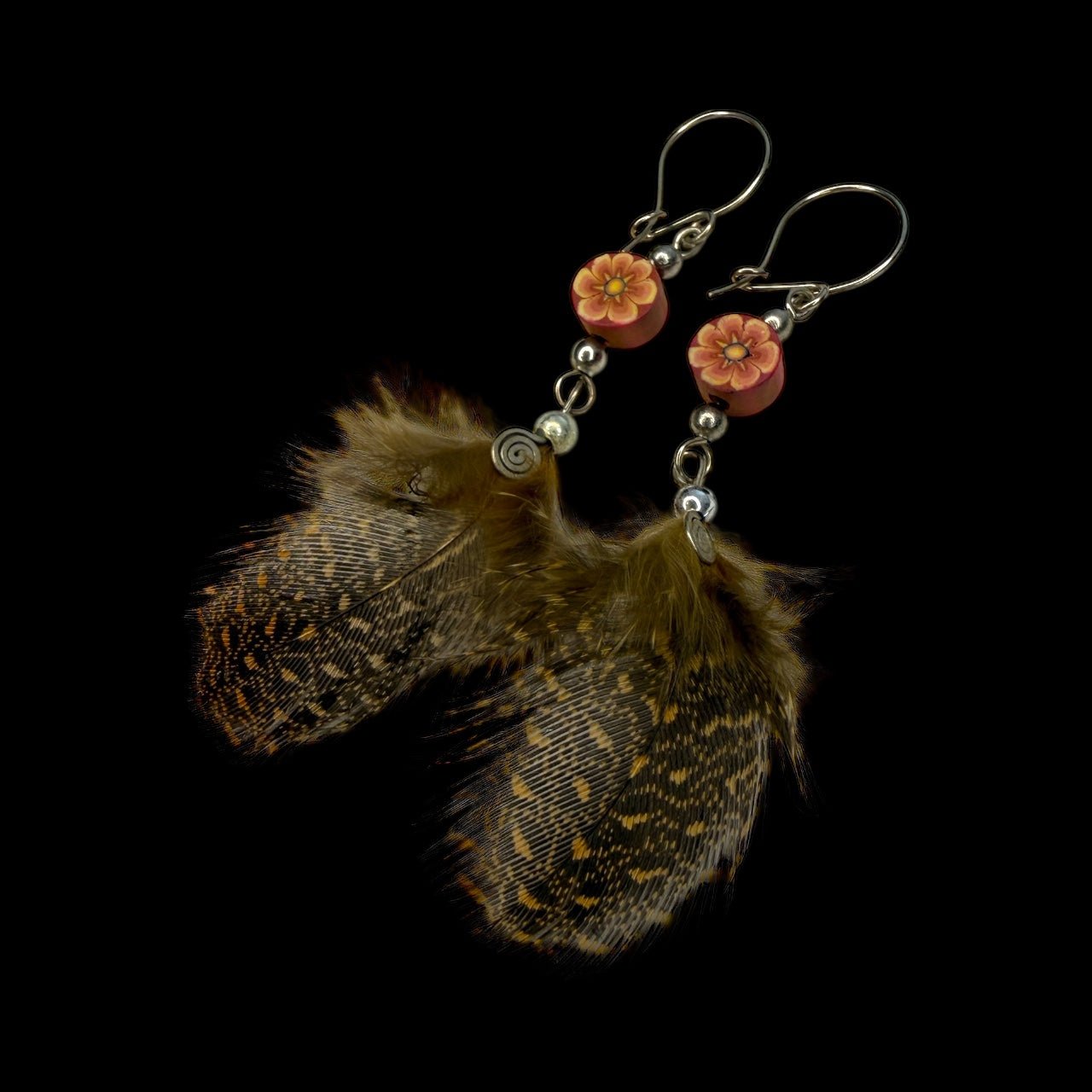 Handcrafted Lima Feather Earrings – Guinea Fowl + Floral Accents - From The Andes