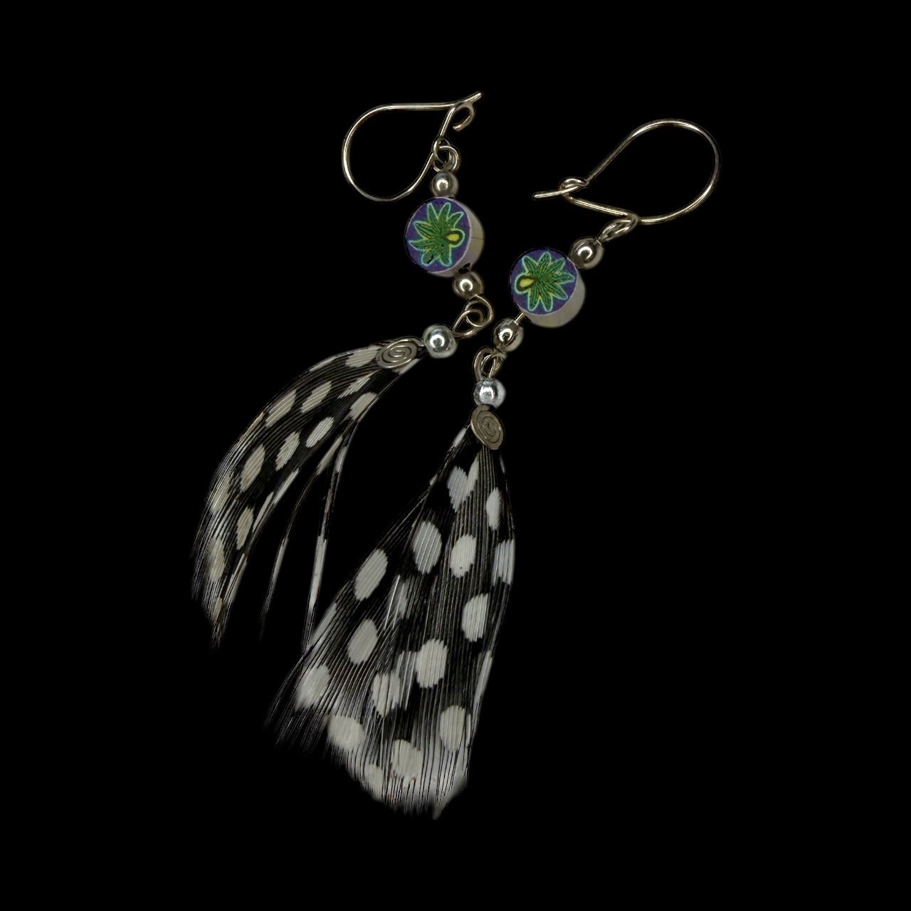 Handcrafted Lima Feather Earrings – Guinea Fowl + Floral Accents - From The Andes