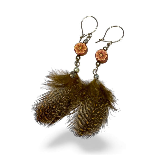 Handcrafted Lima Feather Earrings – Guinea Fowl + Floral Accents - From The Andes