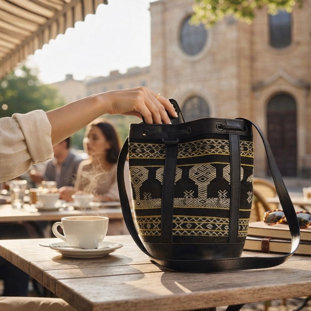 Indonesian Tenun Leather Bucket Bag - From The Andes