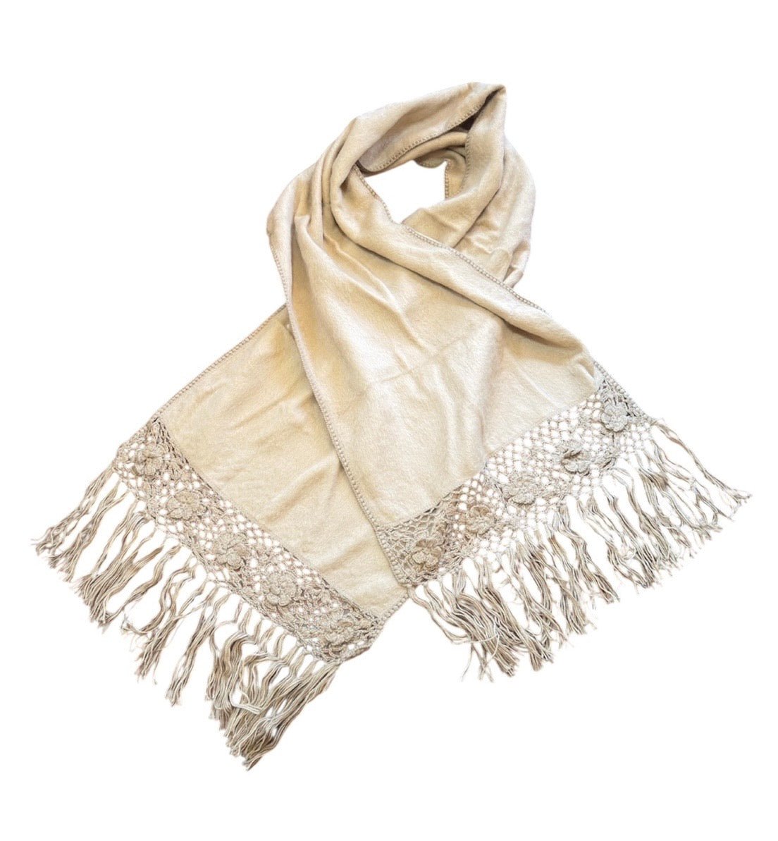 Ivory Alpaca Shawl with Hand - Crocheted Floral Fringe - From The Andes