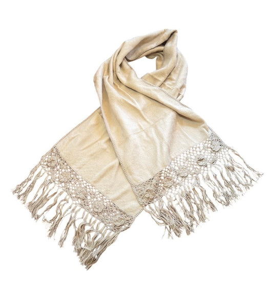 Ivory Alpaca Shawl with Hand - Crocheted Floral Fringe - From The Andes