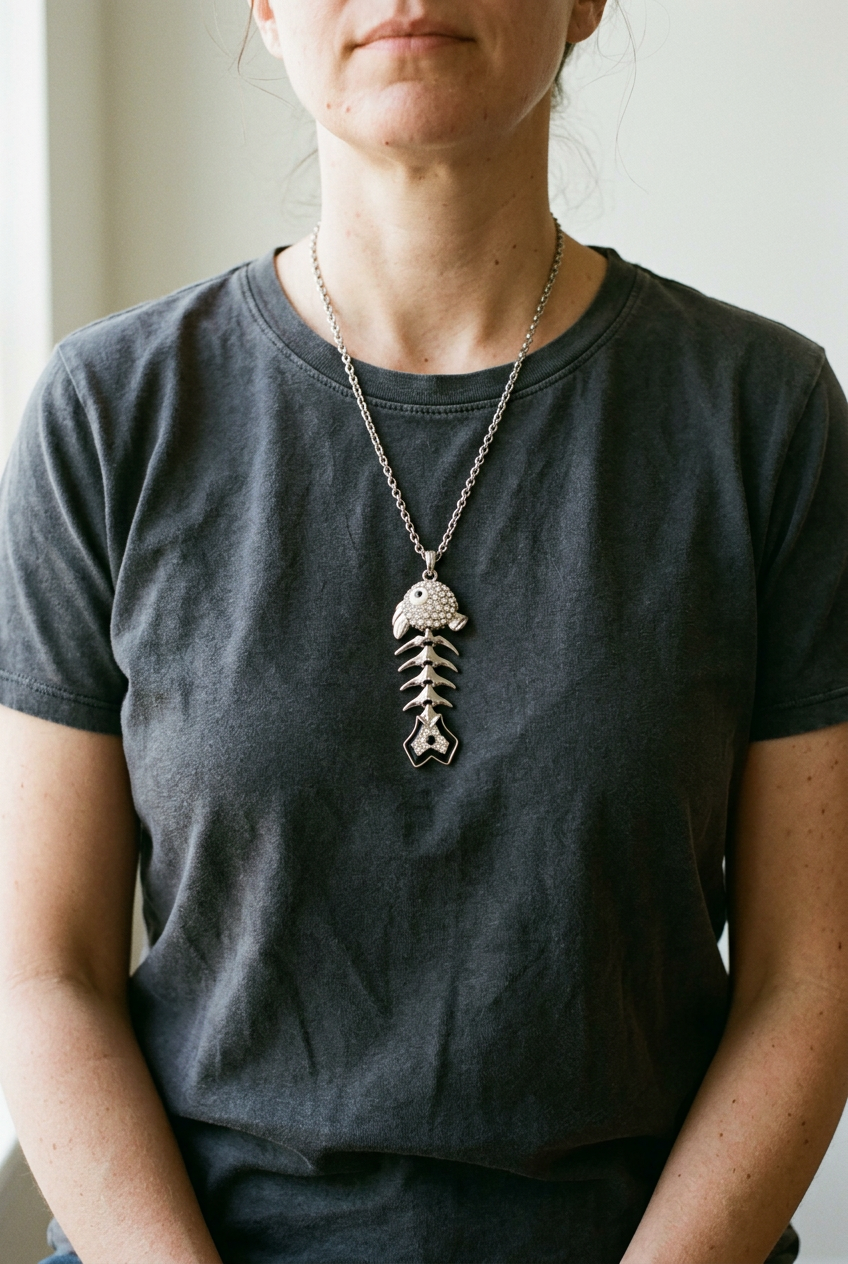 Silver-Tone Fishbone Pendant Necklace with Crystal Accents