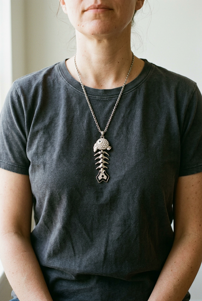 Silver-Tone Fishbone Pendant Necklace with Crystal Accents