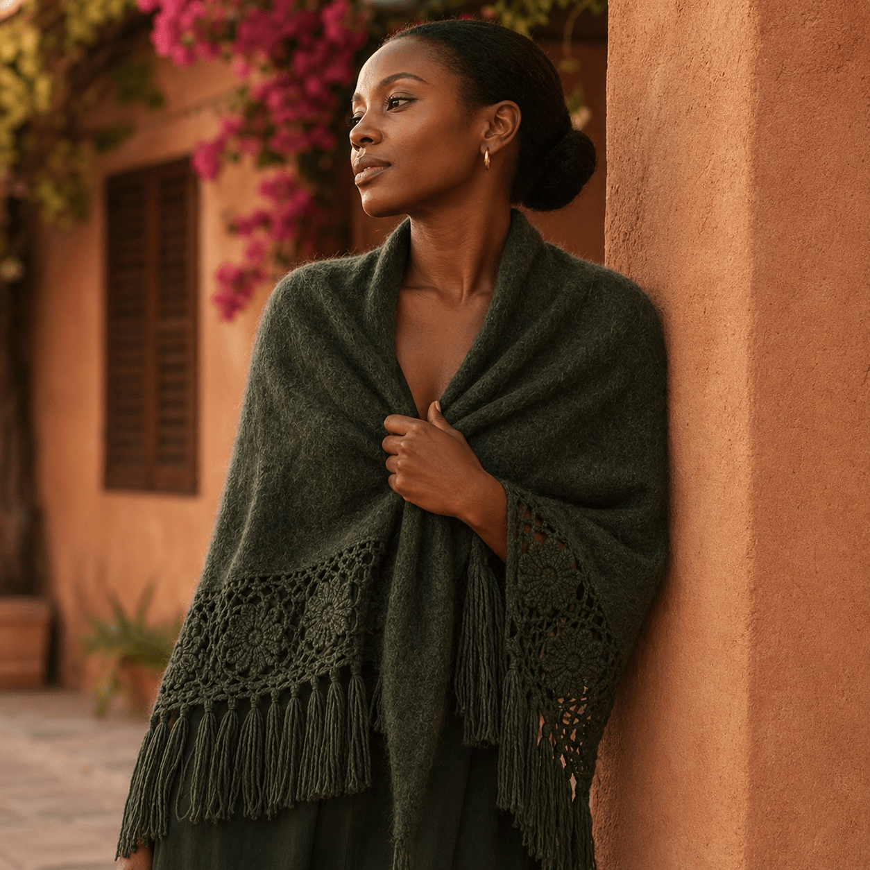 Olive Green Peruvian Alpaca Shawl with Crochet Lace Fringe - From The Andes