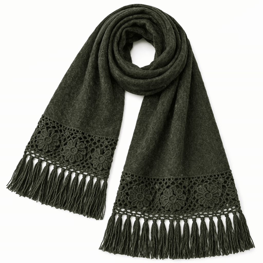Olive Green Peruvian Alpaca Shawl with Crochet Lace Fringe - From The Andes