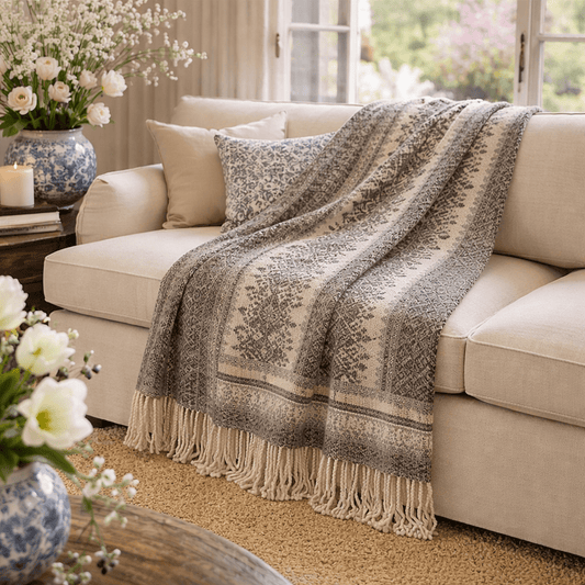 Peruvian Alpaca Throw Blanket – Charcoal Andean Stripe, 60 × 70 in with 4 in Tassels - From The Andes