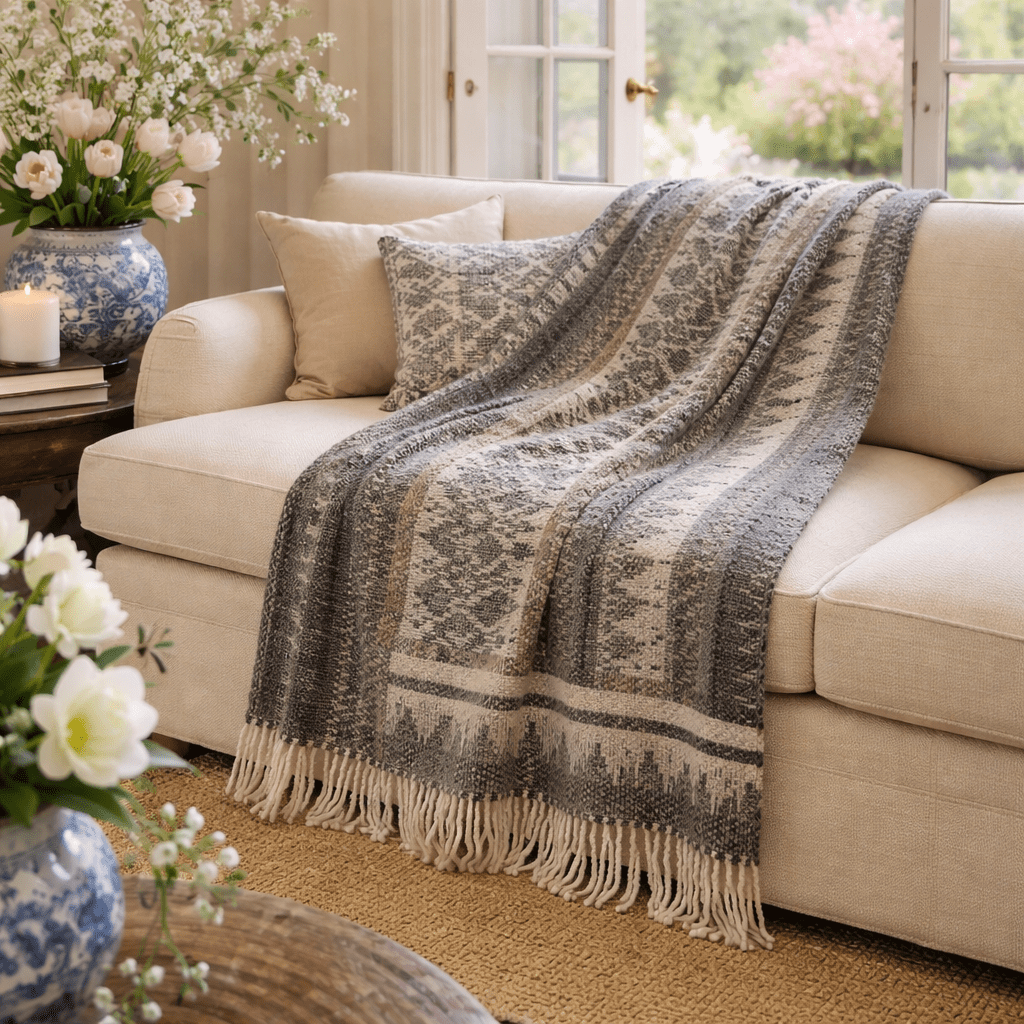 Peruvian Alpaca Throw Blanket – Charcoal Andean Stripe, 60 × 70 in with 4 in Tassels - From The Andes