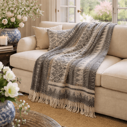 Peruvian Alpaca Throw Blanket – Charcoal Andean Stripe, 60 × 70 in with 4 in Tassels - From The Andes