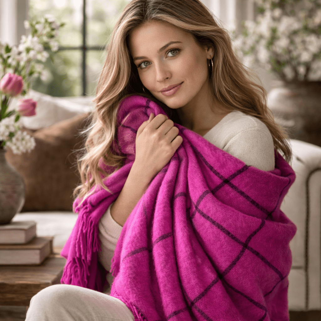 Peruvian Alpaca Throw Blanket – Fuchsia Windowpane Plaid, 60 x 70 in with 4” Tassels - From The Andes