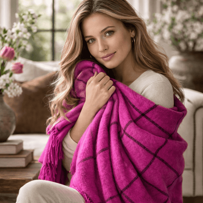 Peruvian Alpaca Throw Blanket – Fuchsia Windowpane Plaid, 60 x 70 in with 4” Tassels - From The Andes