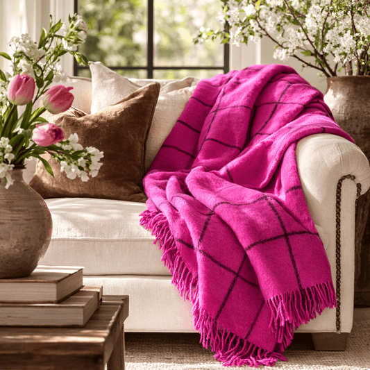 Peruvian Alpaca Throw Blanket – Fuchsia Windowpane Plaid, 60 x 70 in with 4” Tassels - From The Andes