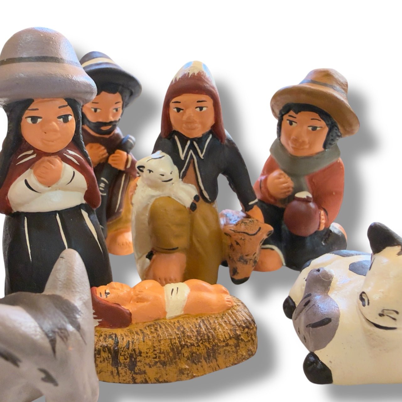 Peruvian Andean Nativity Set in Hand - Painted Clay - From The Andes