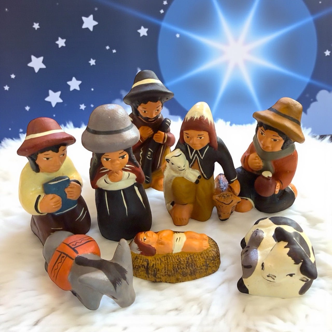 Peruvian Andean Nativity Set in Hand - Painted Clay - From The Andes