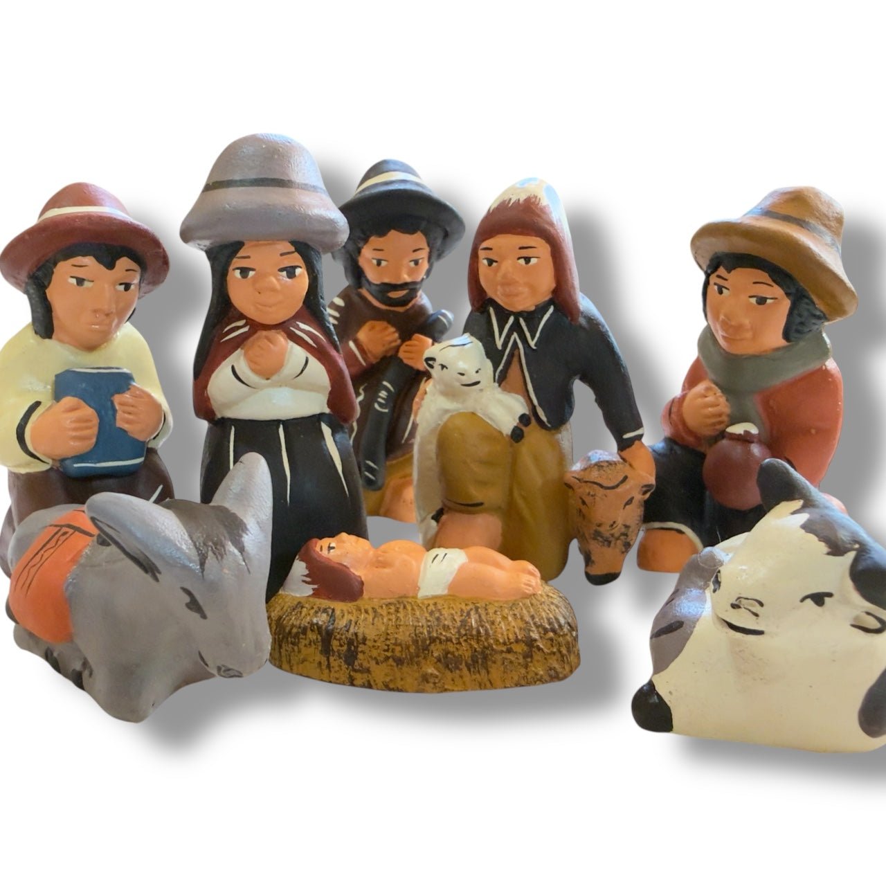 Peruvian Andean Nativity Set in Hand - Painted Clay - From The Andes