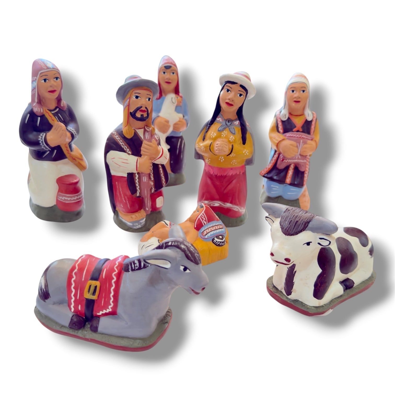Peruvian Ceramic Nativity Set, Hand Painted 8 Piece Christmas Creche - From The Andes