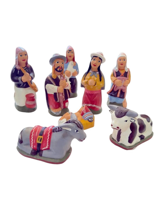 Peruvian Ceramic Nativity Set, Hand Painted 8 Piece Christmas Creche - From The Andes